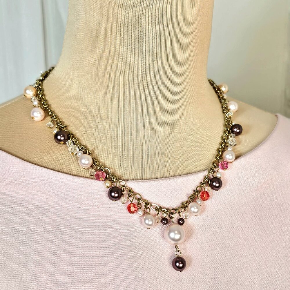 Faux Pearl Charm Necklace Gold Tone Double Clasp Multicolor Beaded